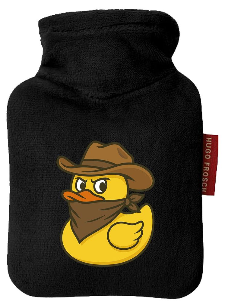 Huuraa Mini-Wärmflasche Quietscheente Bandit Gummiente Räuber 0,2 Liter Black Mini Veloursbezug Taschenwärmer Geschenkidee