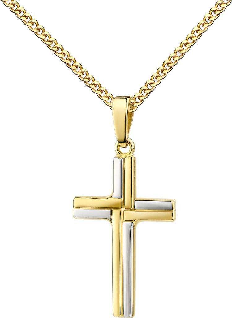 Kreuz Anhänger 14 Karat FÜR Damen aus Gold - Bicolor 585 . Mit Kette 45 cm