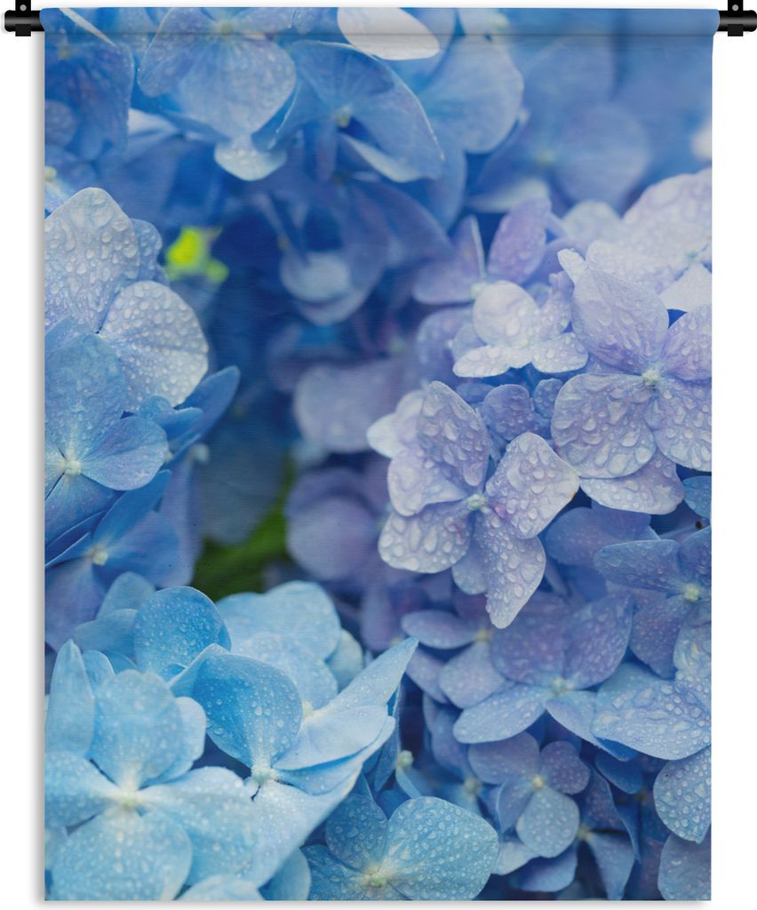 MuchoWow Wandteppich Wandbehang Hortensie - Wassertropfen - Floral - Botanisch - Blau 120x160 cm Tapisserie Dekoration Wandtuch - Wohnzimmer - Mo...