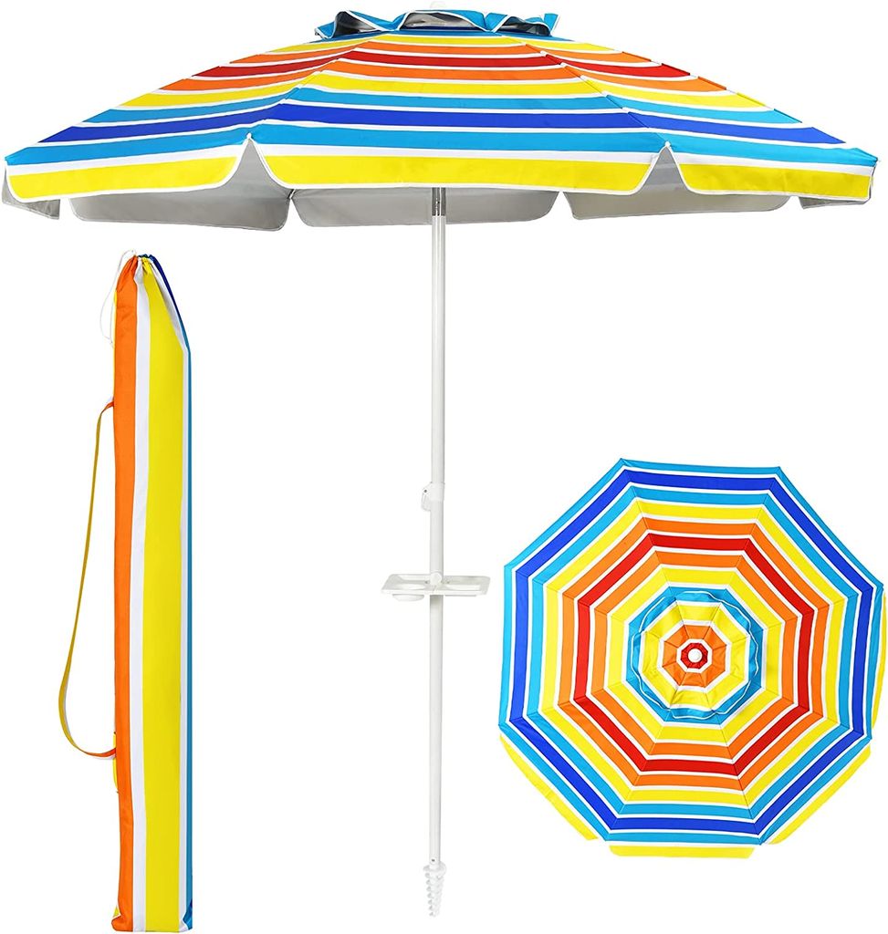 KOMFOTTEU Sonnenschirm 200 cm, Strandschirm mit Becherhalter & Tragetasche, beidseitig um 30° knickbar, Balkonschirm mit Sonnenschutz klappbar, Ga...