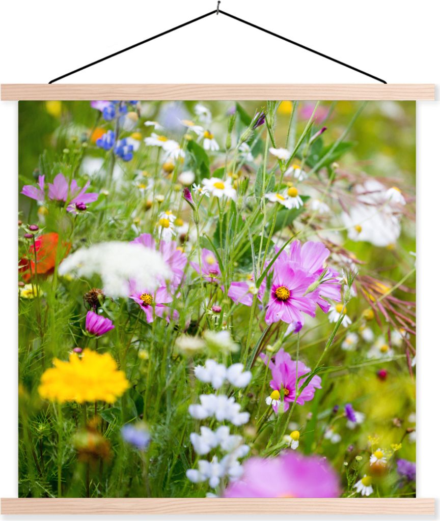 MuchoWow Textilposter Blumen - Natur - Grün - Gras - Lila - Weiß 60x60 cm mit holzfarbenen Rahmen - Wanddekoration