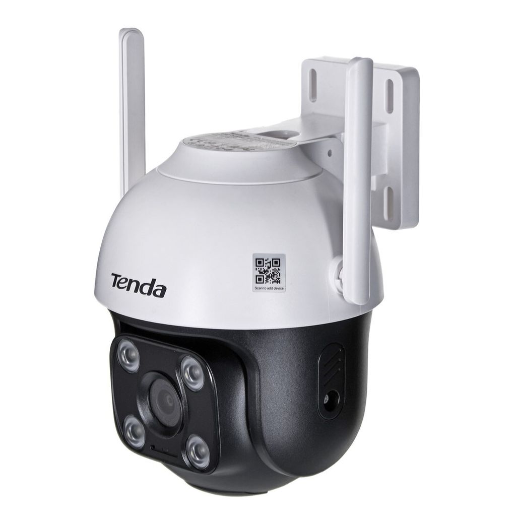 A white and black Tenda security camera with two antennas, mounted on a white bracket against a white background.