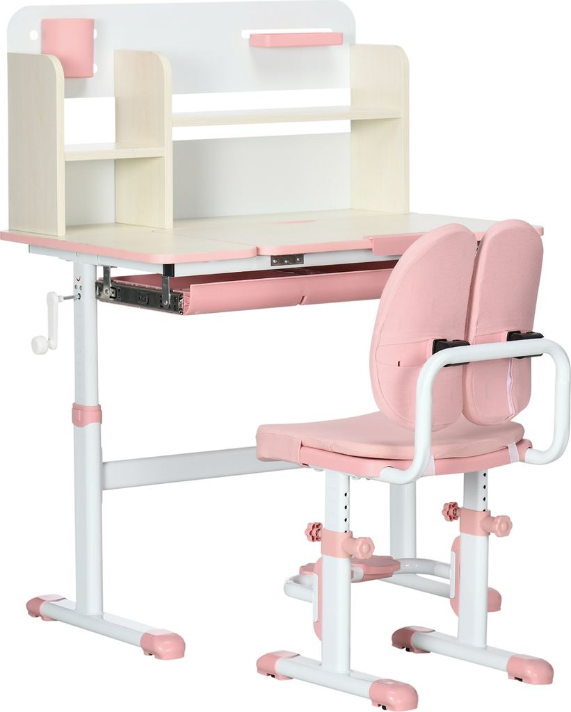 HOMCOM Schreibtisch- und Stuhl-Set für Kinder ab 3 Jahren, höhenverstellbarer Kinderschreibtisch mit 1 Schublade, 1 Bücherregal und neigbarer Ti...