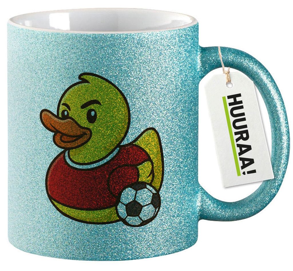 Huuraa Glitzertasse Quietscheente Fußballer Gummiente Fussballspieler 330ml Blau Keramik Kaffeebecher Geschenkidee