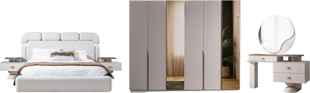 Schlafzimmer Set Avva Holzwerkstoff Spiegelglas Stoff Beige Weiß, Set:Typ-1