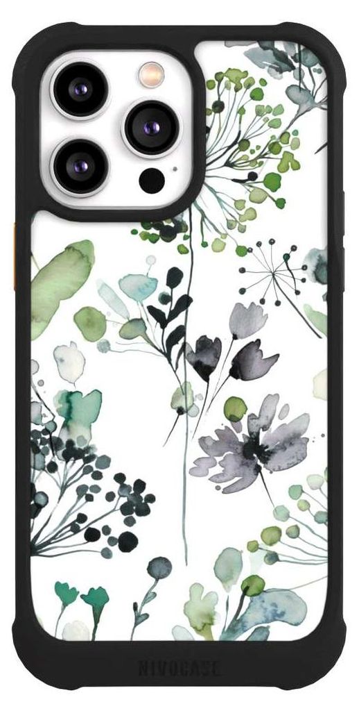 NIVOCASE Hülle für Apple iPhone 14 Pro Max Stoßfeste Handyhülle NIVOmax Case Schwarz Blumen Wasserfarbe Eukalyptus