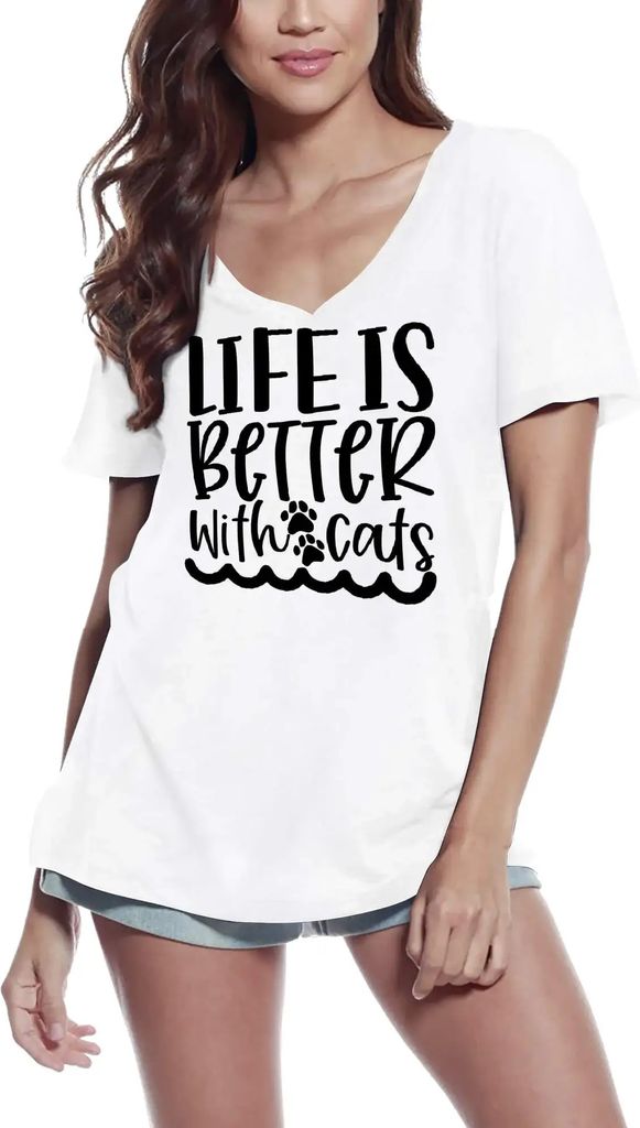Damen Grafik T-Shirt V-Ausschnitt Das Leben ist besser mit Katzen – Life Is Better With Cats – Öko-Verantwortlich Vintage Jahrgang Kurzarm Lus...