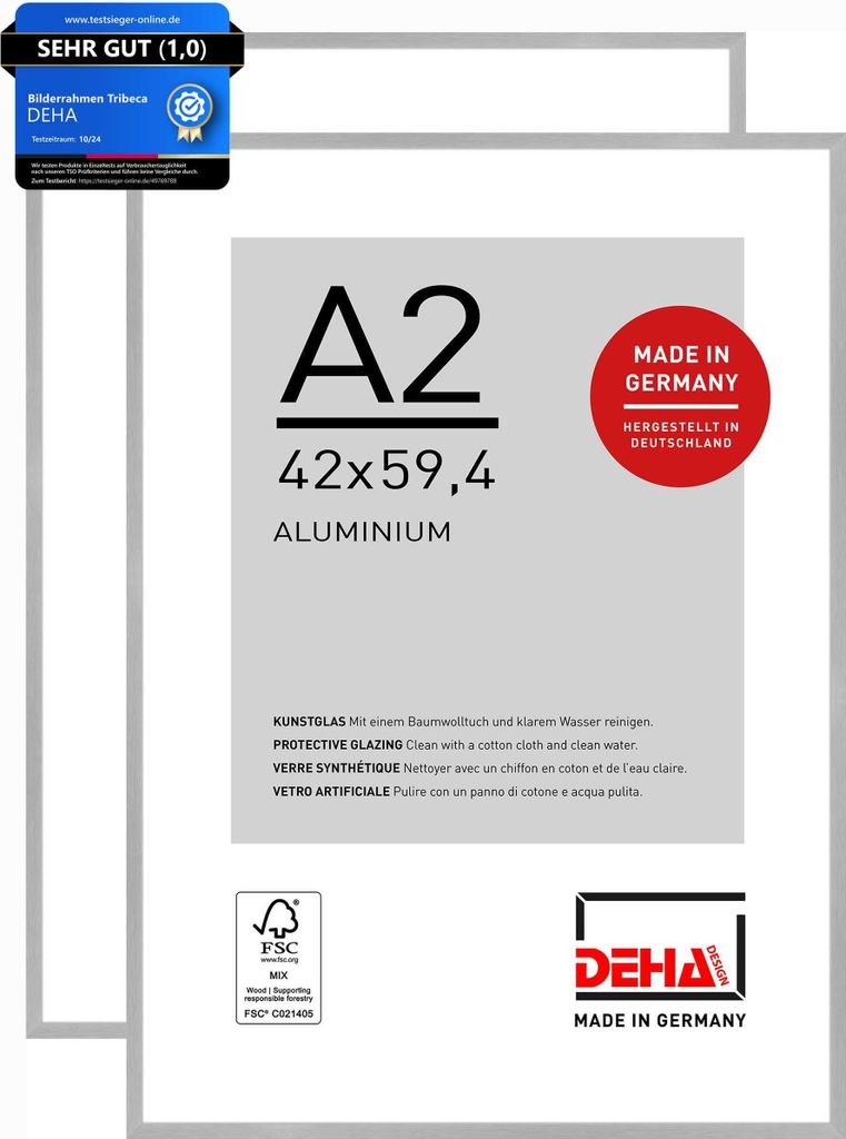 DEHA 2er SET Aluminium Bilderrahmen Tribeca, 42x59,4 cm (A2), Struktur Silber Matt
