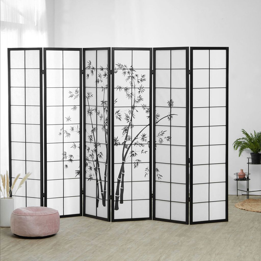 Homestyle4u screen room divider 6 kusů dřeva černý rýžový Obrázek produktu 