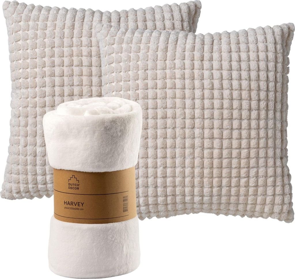 Dutch Decor SPARSET - 3-teilig - Rome & Harvey - 2 Dekokissen 45x45 cm - 1 Wohndecke 150x200 cm - Weiss