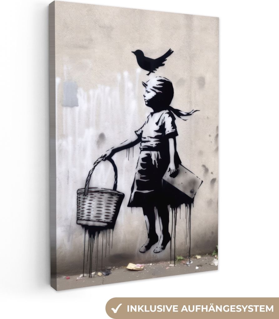 MuchoWow - Leinwandbilder - Graffiti - Mädchen - Vogel - Straßenkunst - Banksy-Stil, Wandbild, Wanddeko Bilder Wohnzimmer, 80x120 cm
