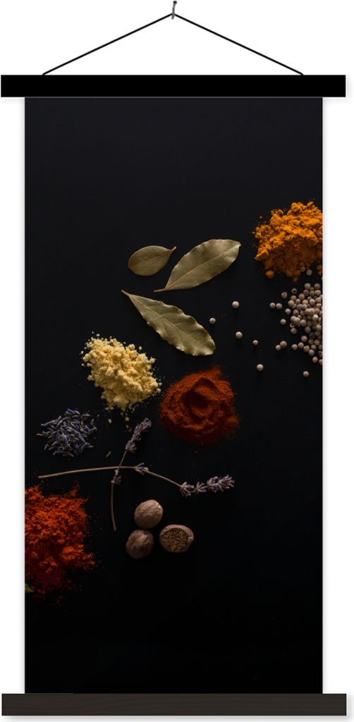 MuchoWow Textilposter Kräuter - Schwarz - Gewürze - Küche - Kochen 90x180 cm mit schwarzem Rahmen - Dekoration Wohnzimmer