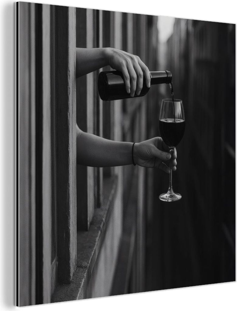 MuchoWow Wanddekoration Metall Metallbild Wandkunst 90x90 cm Weinflasche - Glas - Hände - Fenster MuchoWow Aluminium Gemälde - Dekoration - Indus...
