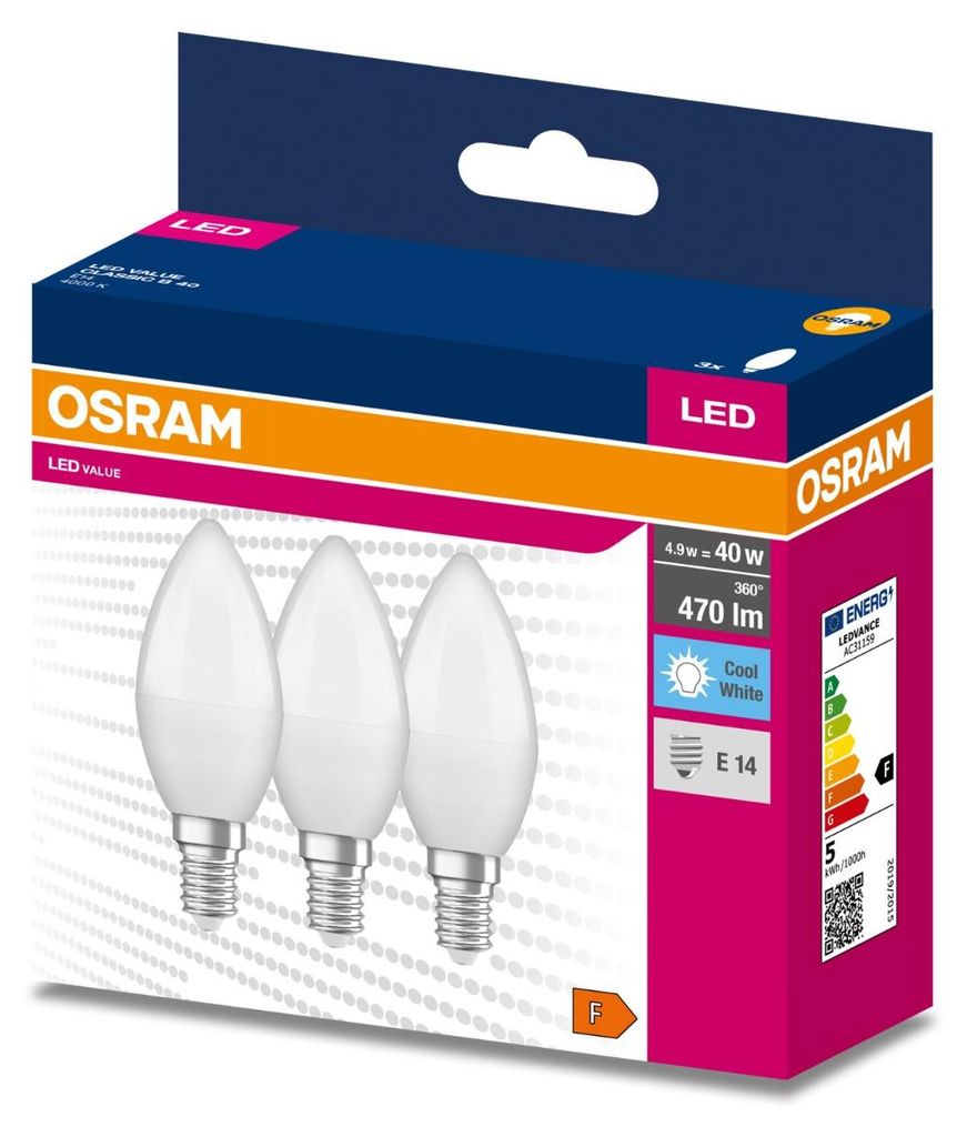 A product package for OSRAM LED light bulbs, showing three bulbs on the front.