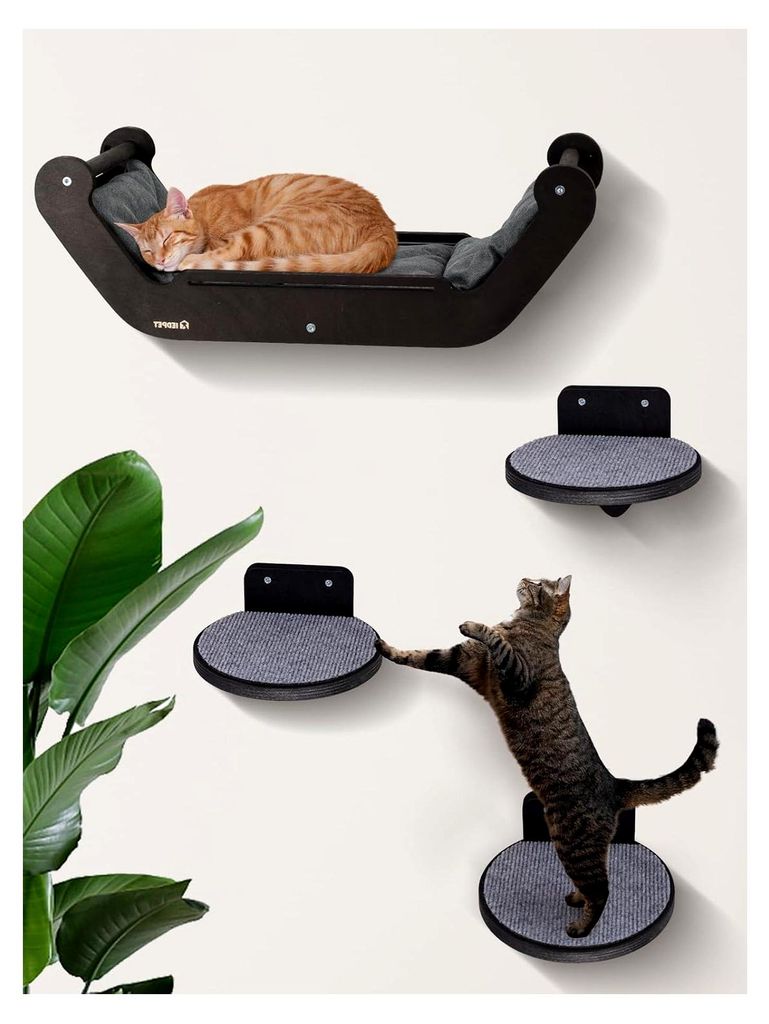 Kletterwand für Katzen mit Katzenbett und 3 Stufen, Katzenmöbel aus Holz, multifunktionale Wandelemente zum Schlafen, Spielen und Klettern