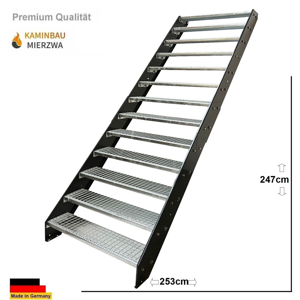 Stahl Wangentreppe Gitterroststufen 13 Stufen - Verzinkt & Anthrazit pulverlackierten Wangen - (B x H x T) 120 x 247 x 253 cm