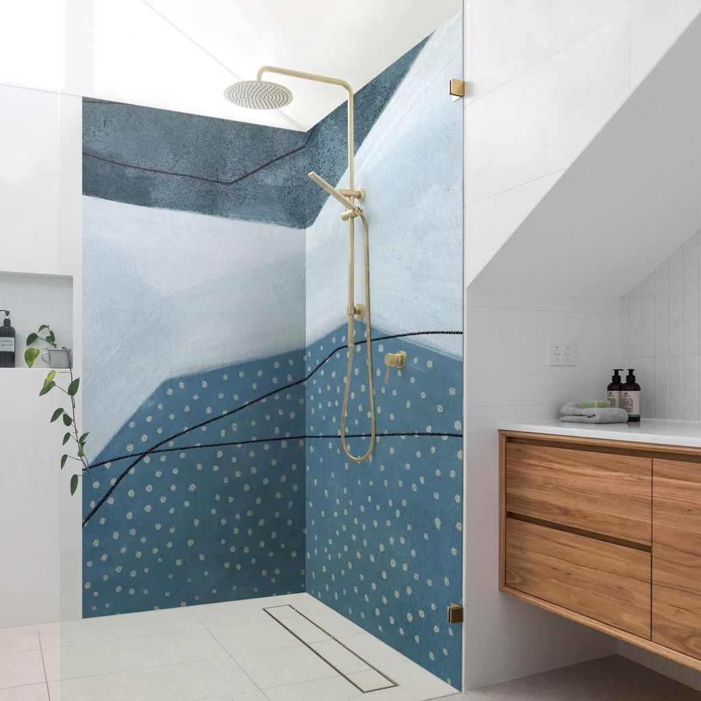 Duschrückwand originell selbstklebend - 0.61 mm Wandpaneel wasserfest Design blau Abstrakt Badrückwand fugenlos Premium matt 90x200 cm