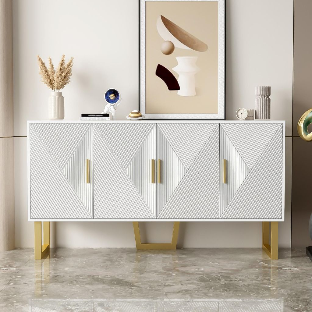 150 cm breites Buffet mit glänzend strukturierten Türen und goldenen Griffen, 4-türiges Design, Weiß