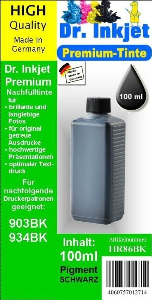 HR86BK - black - Dr.Inkjet Pigmentierte Premium Nachfülltinte in 100ml Abfüllung für Ihren HP Drucker