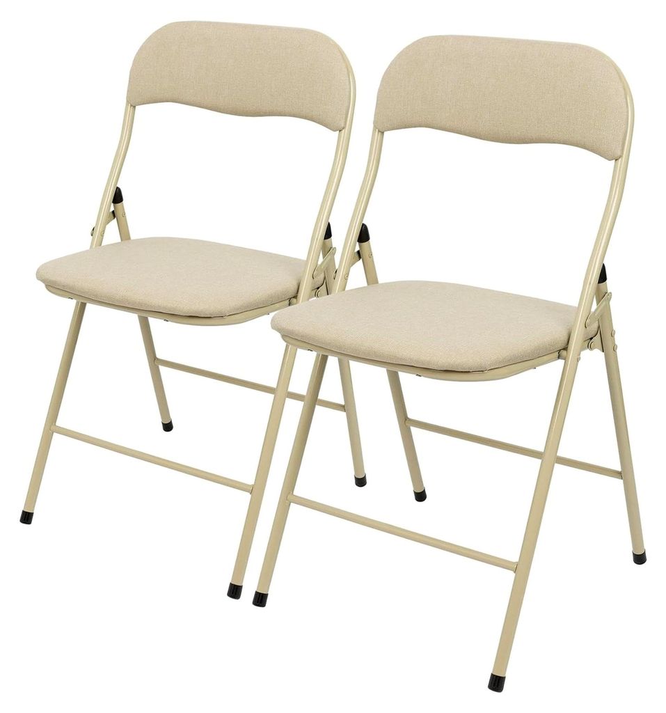 2X Beigefarbene Stoffgepolsterte Klappstühle aus Metall - Leicht Tragbar für Innen und Außen, Küche, Büro, Garten, Essbereich, Schreibtischstu...
