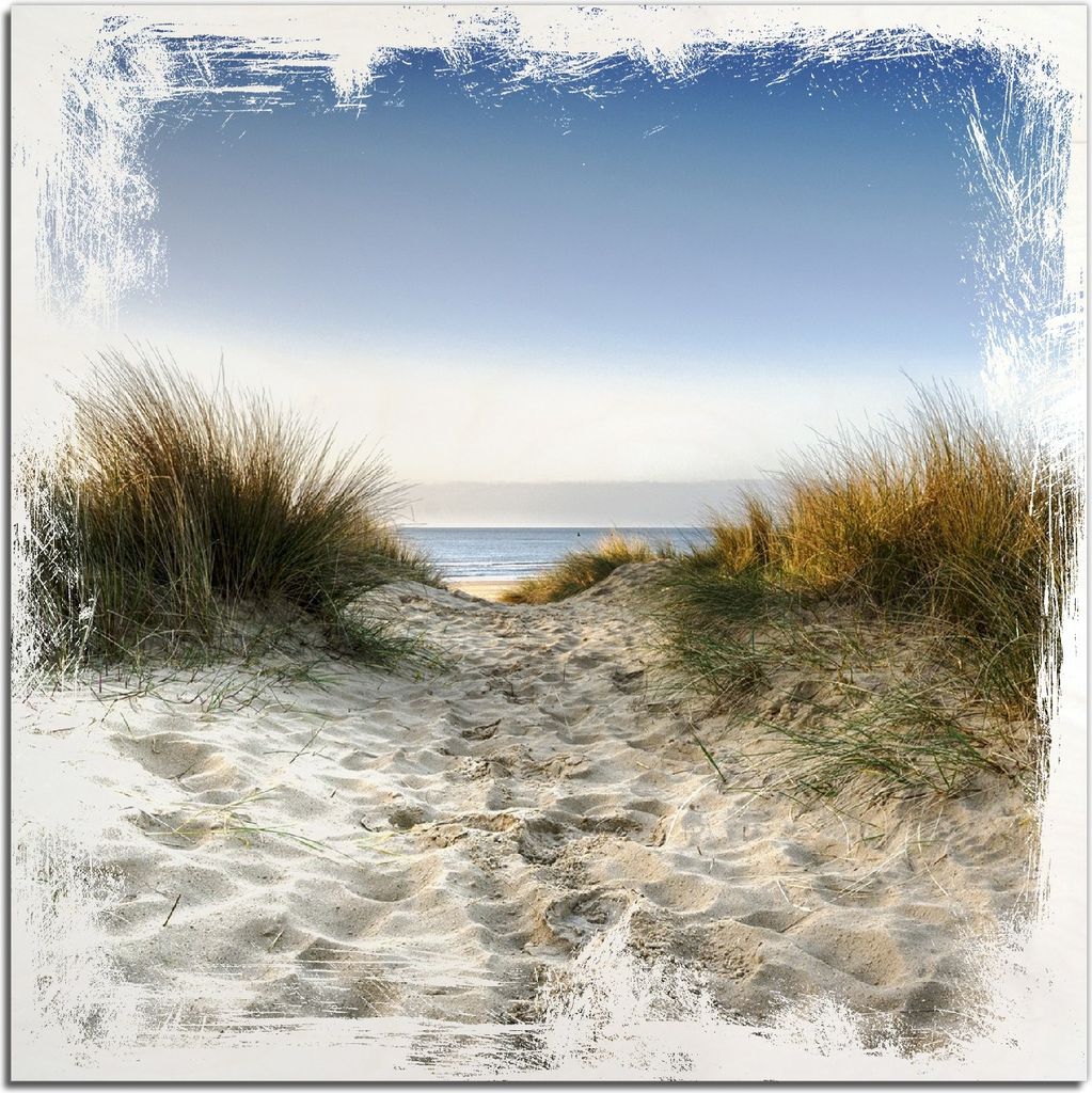 Kunstdrucke Wandbilder Holz in : Brillante Farben, Größe 50 x 50 cm Motiv Weg durch die Dünen zum Strand am Meer