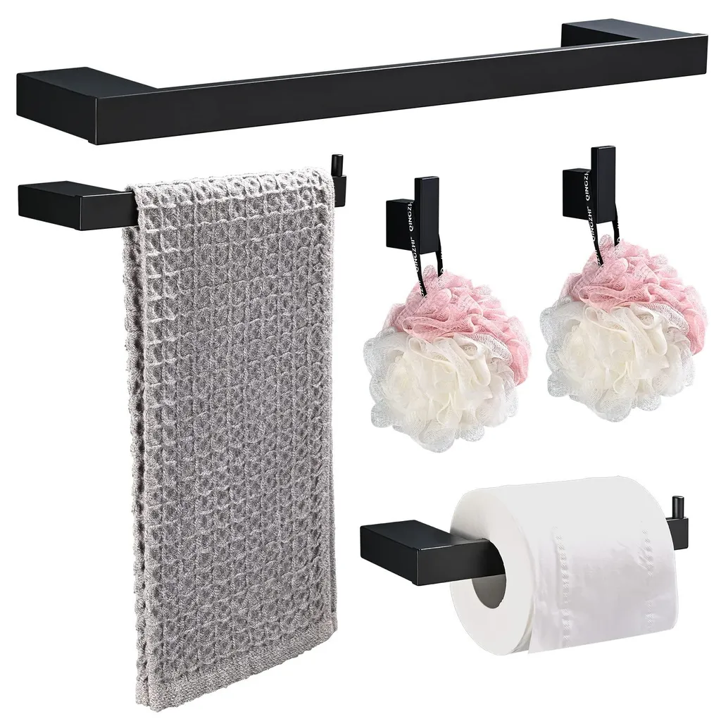 Pack Salle de Bains Anti-Rouille : Porte-serviette 40 cm Aluminium Noir