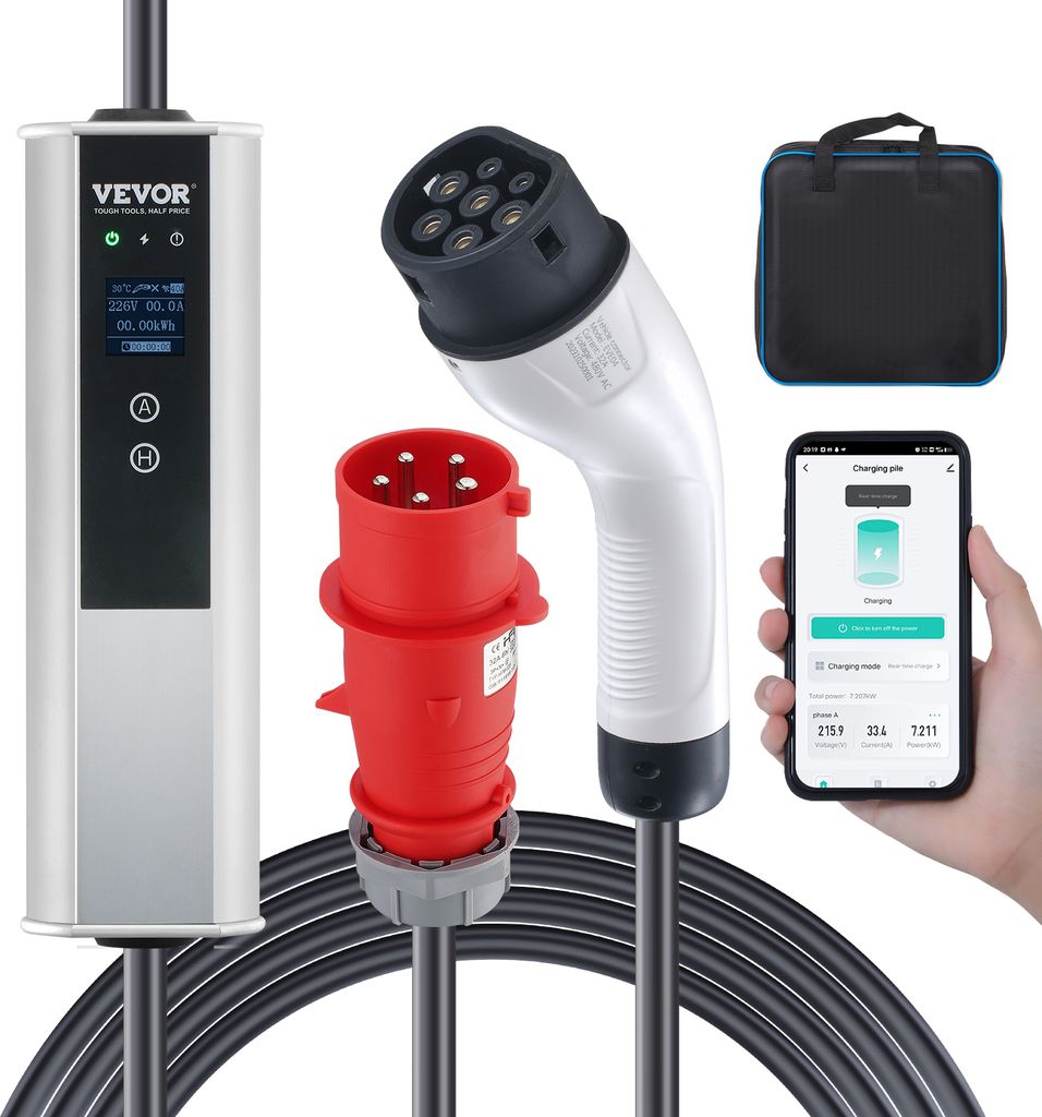VEVOR Typ2 EV Ladekabel für Elektrofahrzeug 32A Ladegerät mit CEE 32 Stecker Wallbox 7,36kW(einphasig)/22kW(dreiphasig) 7,5m Ladekabel EV Ladesta...