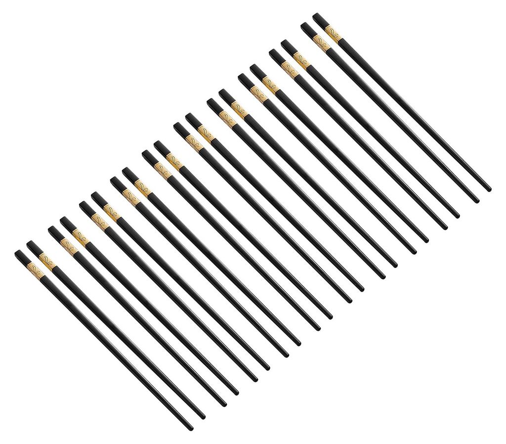 10 Paar Kunststoff-Essstäbchen, schwarz-golden, rutschfester Griff, Mikrospitzen-Design, ergonomische, zylindrische Sushi-Stäbchen für chinesisc...