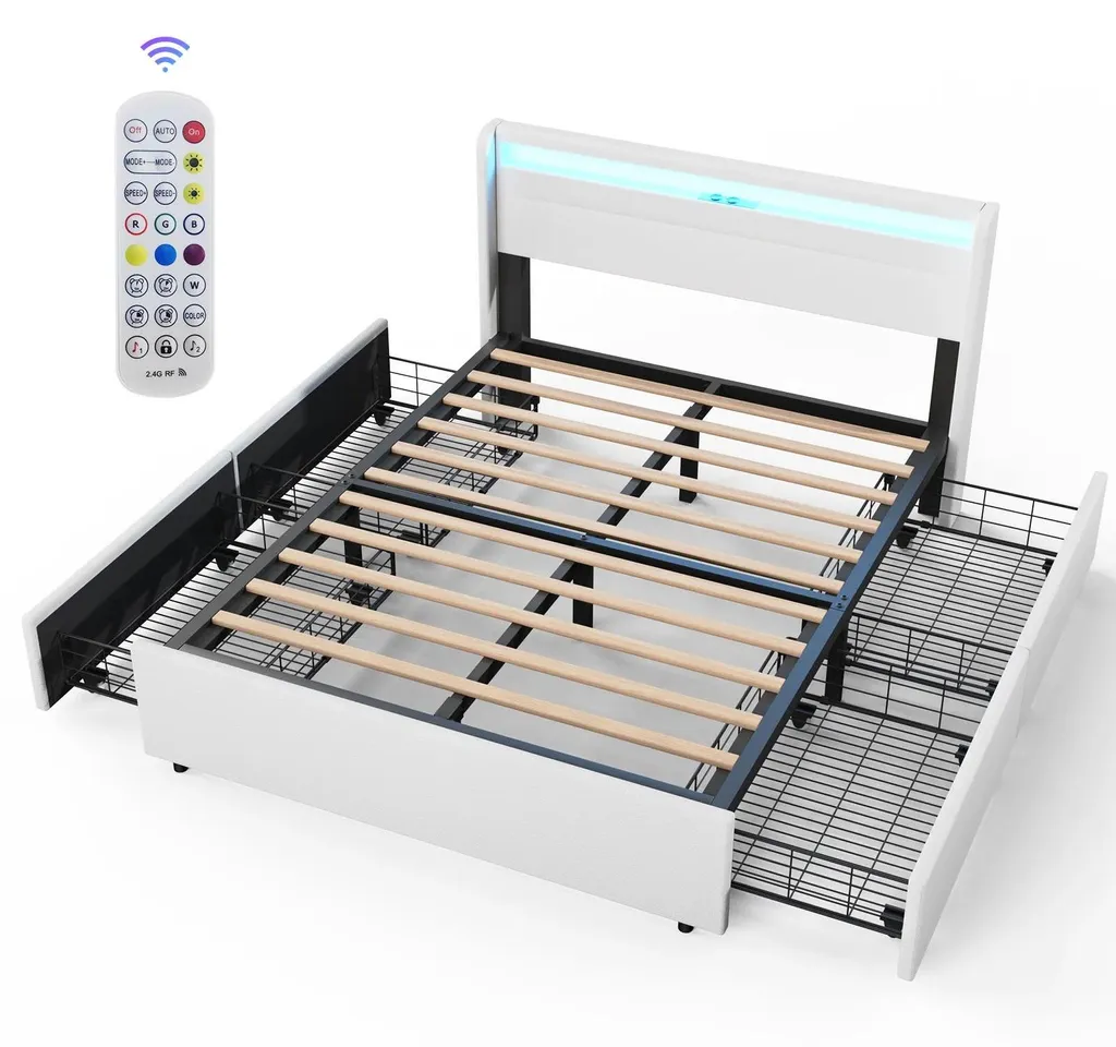 Lit gain de place 90x200 blanc avec tiroirs pour petit espace