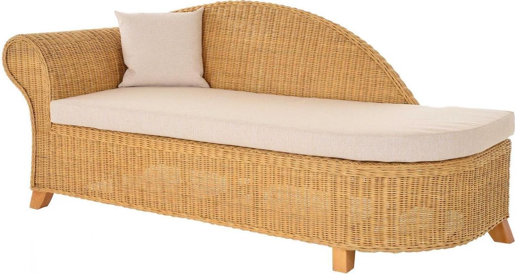 KRINES HOME Rattan Recamiere "Elegance" Rattanliege Chaiselongue Lounge Liege mit Polster (Honig, Links)