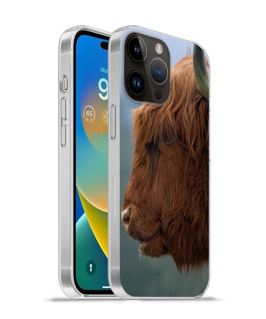 MuchoWow Handyhülle Schutzhülle Hülle für Apple iPhone 14 Pro - Softcase Schottische Highlander - Tiere - Nebel Silikon Softcase Handy Hülle...