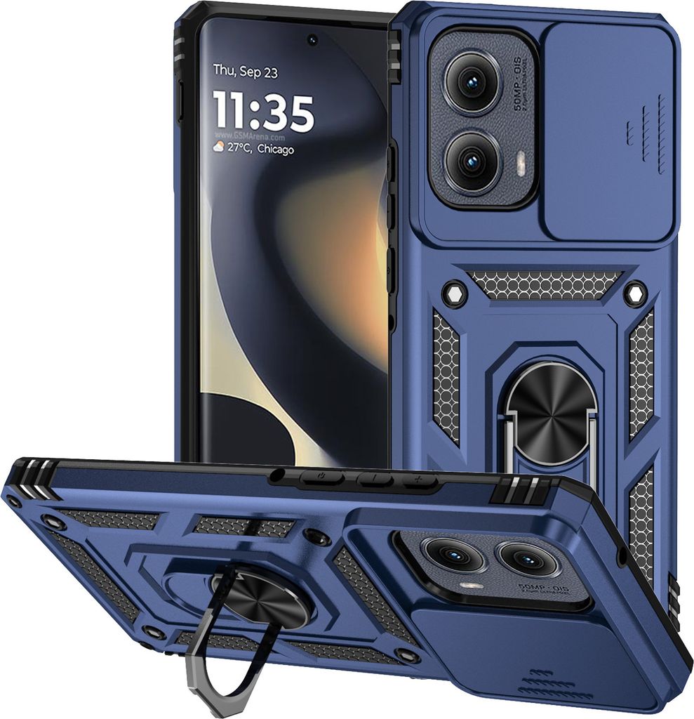 Hülle für Motorola Edge (2024) mit Schiebe Kamera Schutz und Ringhalter Ständer Hybrid Schutzhülle Blau