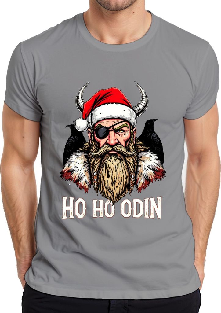 Ho Ho Odin Wikinger Weihnachtsmann Bart Augenklappe Hörner Raben Herren T-Shirt, Grau, XL