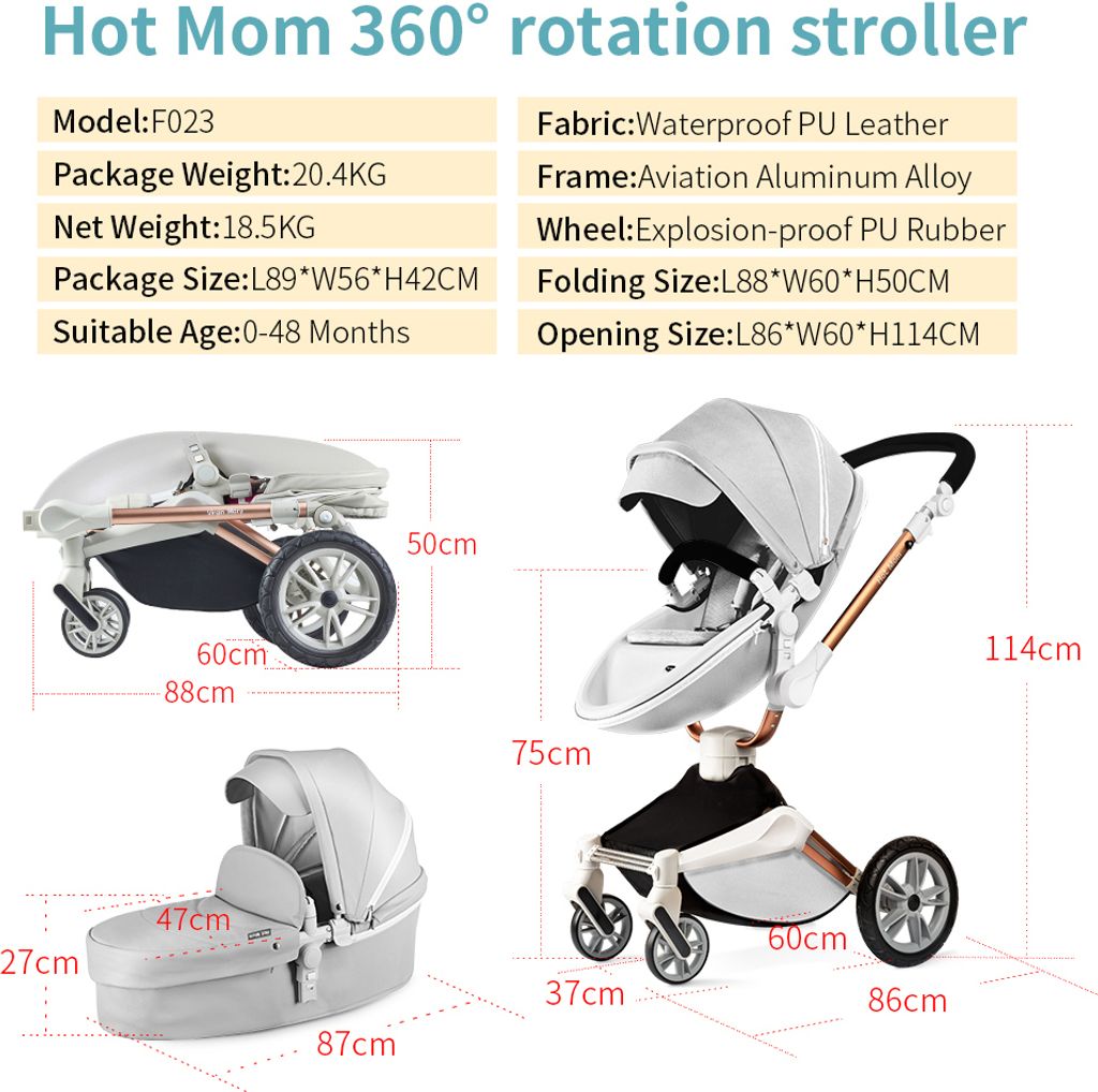 Hot Mom 360 Drehbar Kinderwagen 2in1 Kombikinderwagen mit Produktbild 4