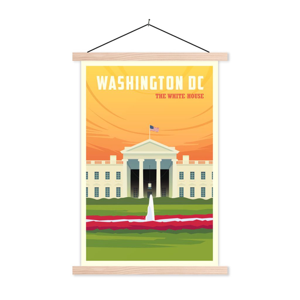 MuchoWow Textilposter Illustration des Weißen Hauses in Washington DC 120x180 cm mit holzfarbenen Rahmen - Textil-Plakat