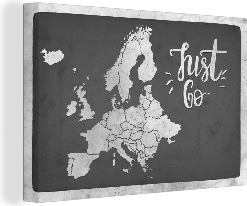 OneMillionCanvasses - Leinwandbilder - 150x100 cm, Vintage Eurocard mit dem Text "Just go" - schwarz und weiß, Wandbilder Kunstdruck Wanddekoration
