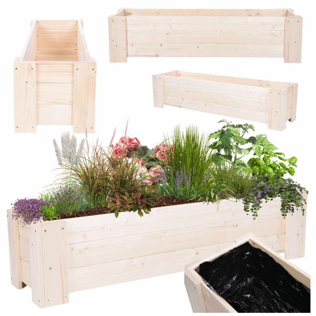 MODO24 Pflanzkübel Holz, Pflanzkasten, Blumenkasten, Kiefer, Schutzfolie, Wetterfest, Balkon, Garten, 30x117x33 cm, Natur unbehandelt, RDZP