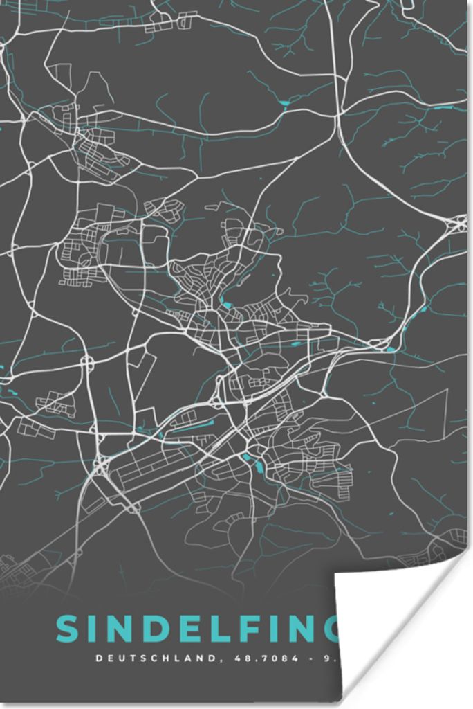 MuchoWow Poster Deutschland - Blau - Sindelfingen - Stadtplan - Karte 20x30 cm - Papierdruck