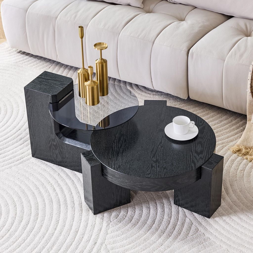 okwish Couchtisch Set Rund Zweistöckig Trennbar Beistelltisch Flexibel Für Wohnzimmer und Balkon MDF Schwarz