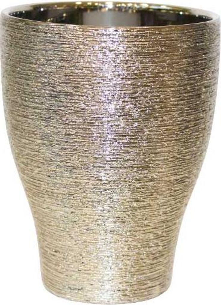 A silver ceramic pot with a textured surface.