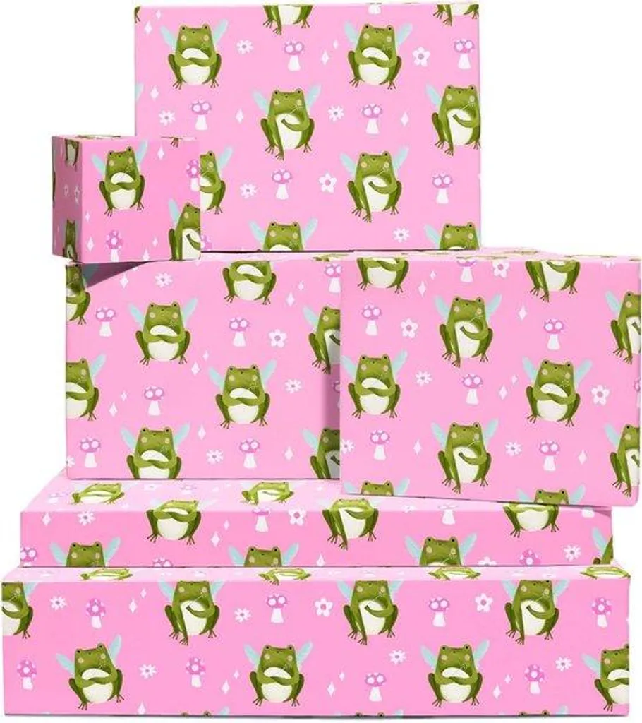 Papier cadeau pour anniversaire enfant rose grenouilles et gommettes