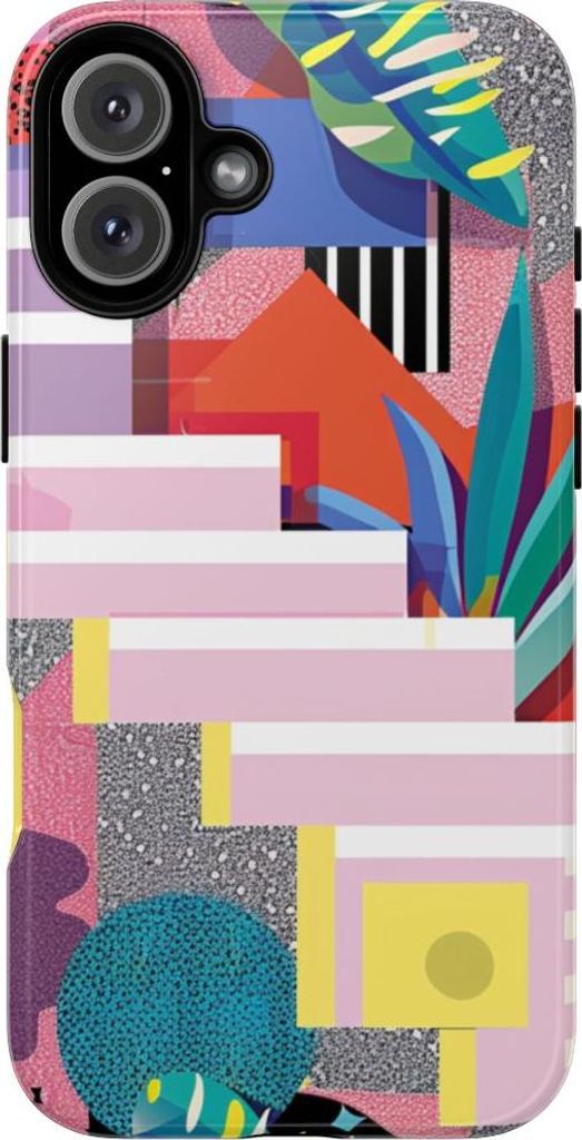 Buntes abstraktes Design mit geometrischen Formen und botanischen Elementen – Hülle Kompatibel mit iPhone 16 Plus