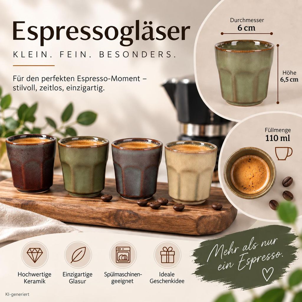 8er Set Espressotassen 110 ml aus Keramik – ohne Henkel, 4
