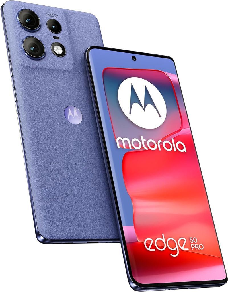 A Motorola edge 50 Pro smartphone is shown from the back and front, with the screen displaying the Motorola logo and product name.