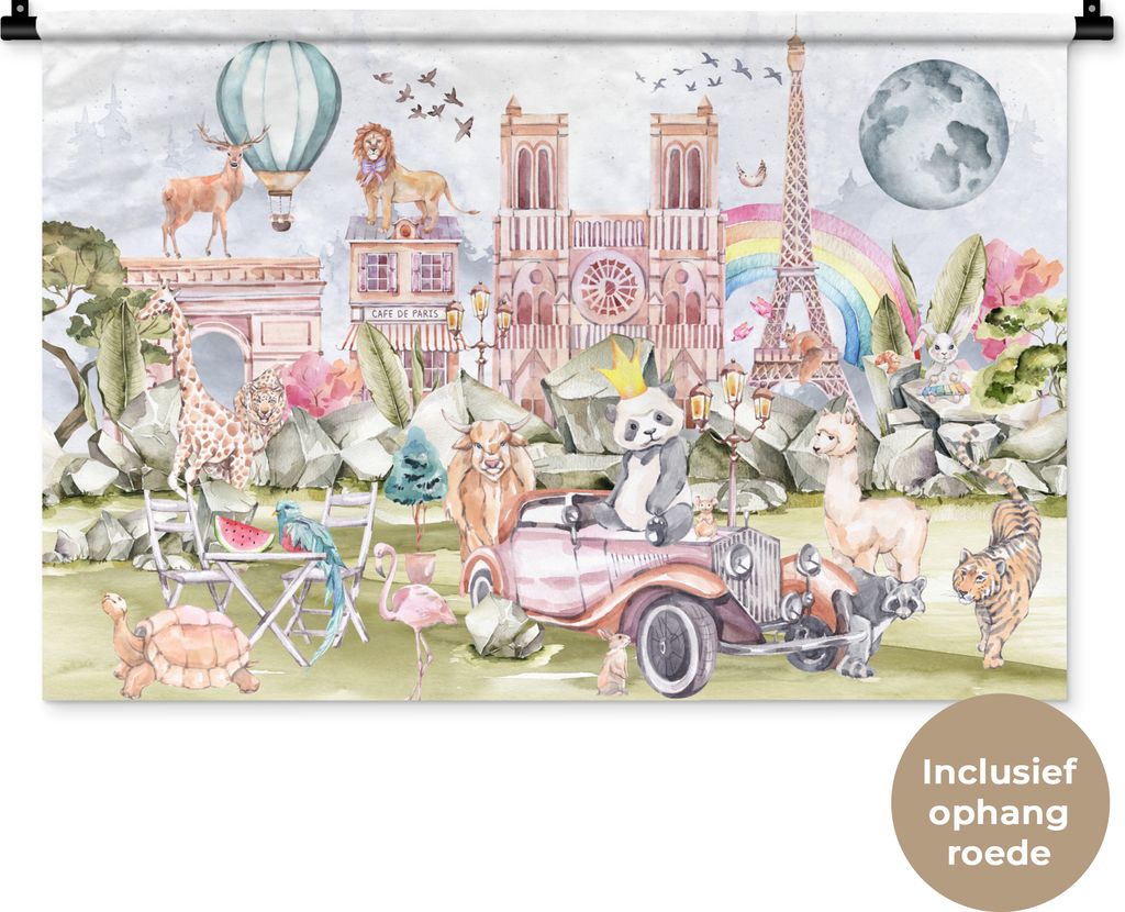 MuchoWow Wandteppich Wandbehang Paris - Regenbogen - Kinder - Rosa - Mädchen - Tiere 90x60 cm Tapisserie Dekoration Wandtuch - Wandskulpturen - ...