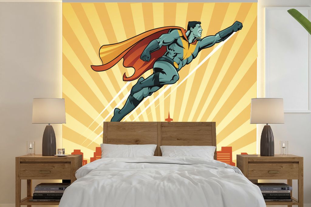 MuchoWow Fototapete für Wohnzimmer oder Schlafzimmer Wandtapete Vinyl Motivtapete Illustration eines fliegenden Superhelden mit Umhang für Kind...
