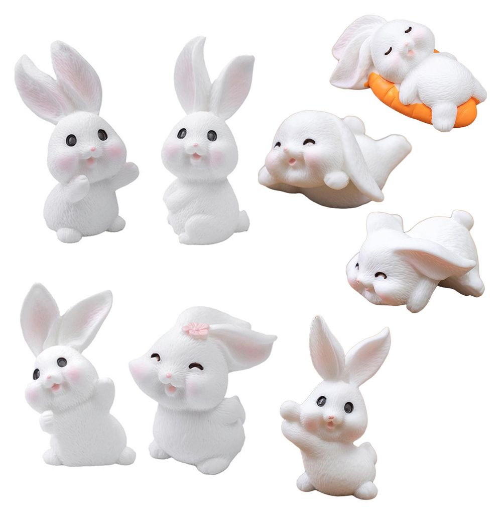 8-teiliges Set mit Hasen-Feengarten-Accessoires: Mini-Harzhasenfiguren, weiße Hasen, Miniatur-Tierfiguren für Frühlings-Ostereierfüllung und Pa...