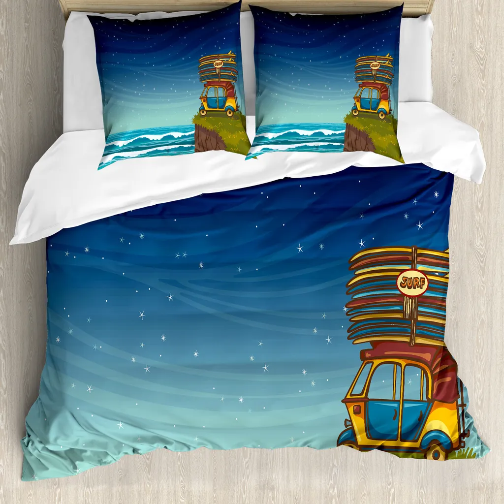 ABAKUHAUS Set copripiumino per letti matrimoniali, auto tavole da surf Cartoon, antiacaro adatto a chi soffre di allergie con federe, senape azzurro cielo verde mandorla