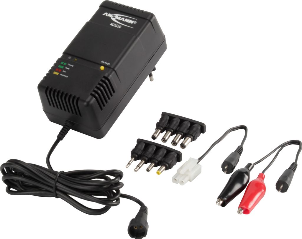 A black battery charger with various adapter cables and connectors is displayed on a white background.