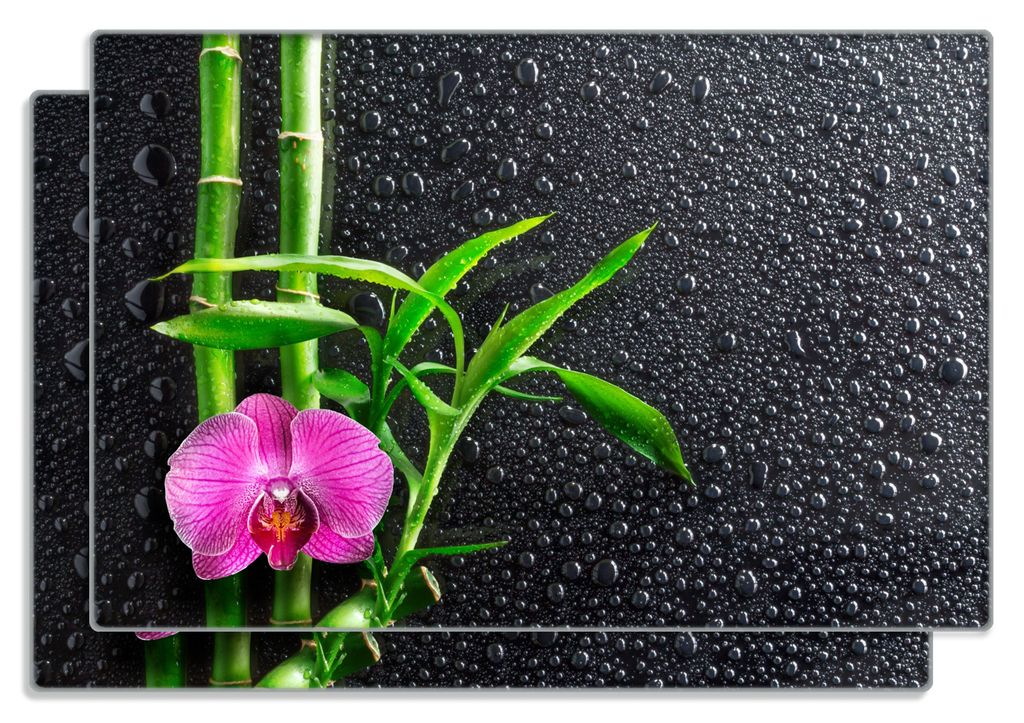 Wallario Frühstücksbrettchen 2er Set aus Glas, je 20 x 30 cm, mit rutschfesten Füßen, Motiv Bambus und pinke Orchidee auf schwarzem Glas mit Re...